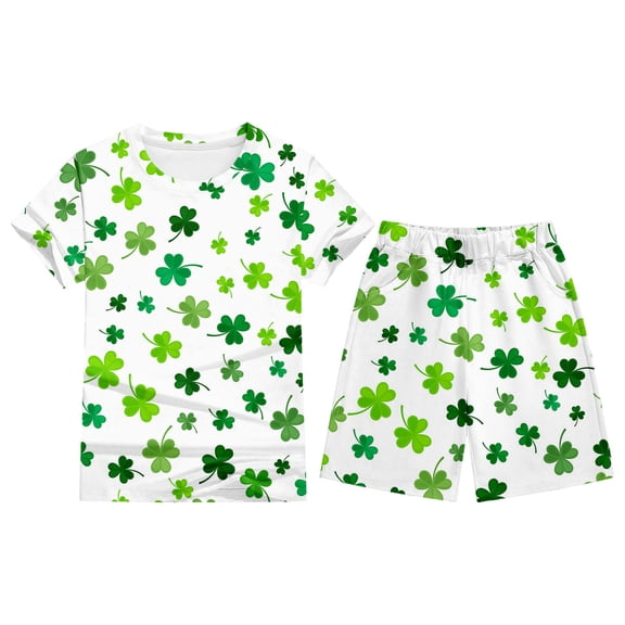Kiijoy Girls St. Patrick's Day Outfits Kids Short Sleeve T Shirt Shorts Set, Sizes 3-4