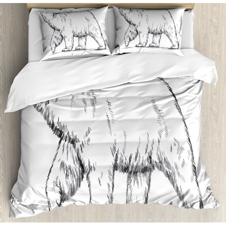 Polar Bear Duvet Cover Set Queen Size, Sketch Style Nordic Grizzly Bear Wilderness Themed Animal Pattern, Decorative 3 Piece Bedding Set with 2 Pillow Shams, Charcoal Grey and White, by Ambesonne