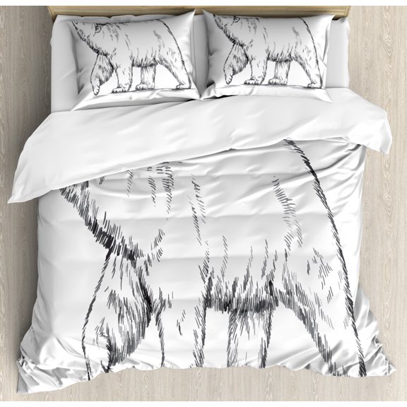 Polar Bear Duvet Cover Set Queen Size, Sketch Style Nordic Grizzly Bear Wilderness Themed Animal Pattern, Decorative 3 Piece Bedding Set with 2 Pillow Shams, Charcoal Grey and White, by Ambesonne