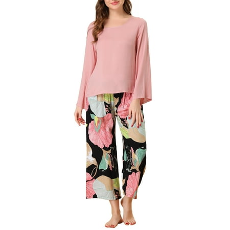 

cheibear Womens 2pcs Long Sleeve Capri Pants Floral Lounge Set Sleepwear Pajama Sets