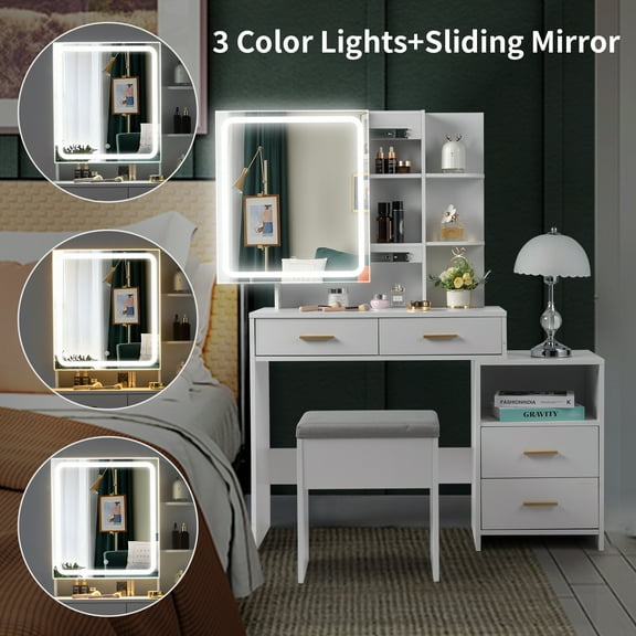 Ktaxon 3 Color Lighted Vanity Table with Sliding Mirror Vanity Set with Storage Drawers Hidden Shelves Cushion Stool White