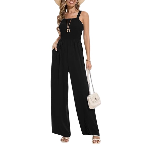 Women's Square Neck Wide Leg Jumpsuit with Pockets Sleeveless Casual Summer Outfit