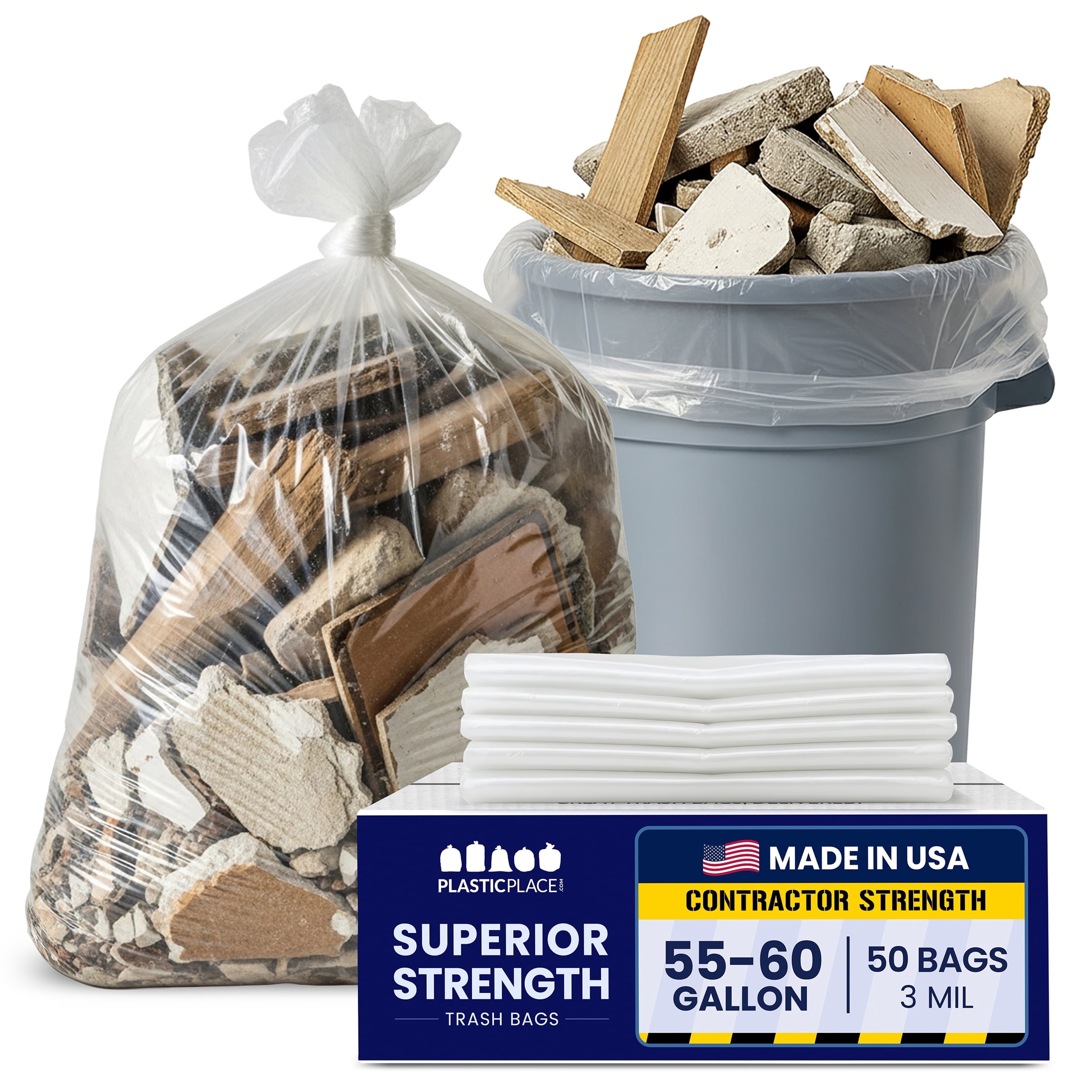 Plasticplace Contractor Trash Bags 55-60 Gallon, Heavy Duty Garbage Bags, 3.0 Mil Clear Trash Bags, Tear-Resistant Large Trash Can Liners for Construction, Recycling & Home Improvement (50 Count)