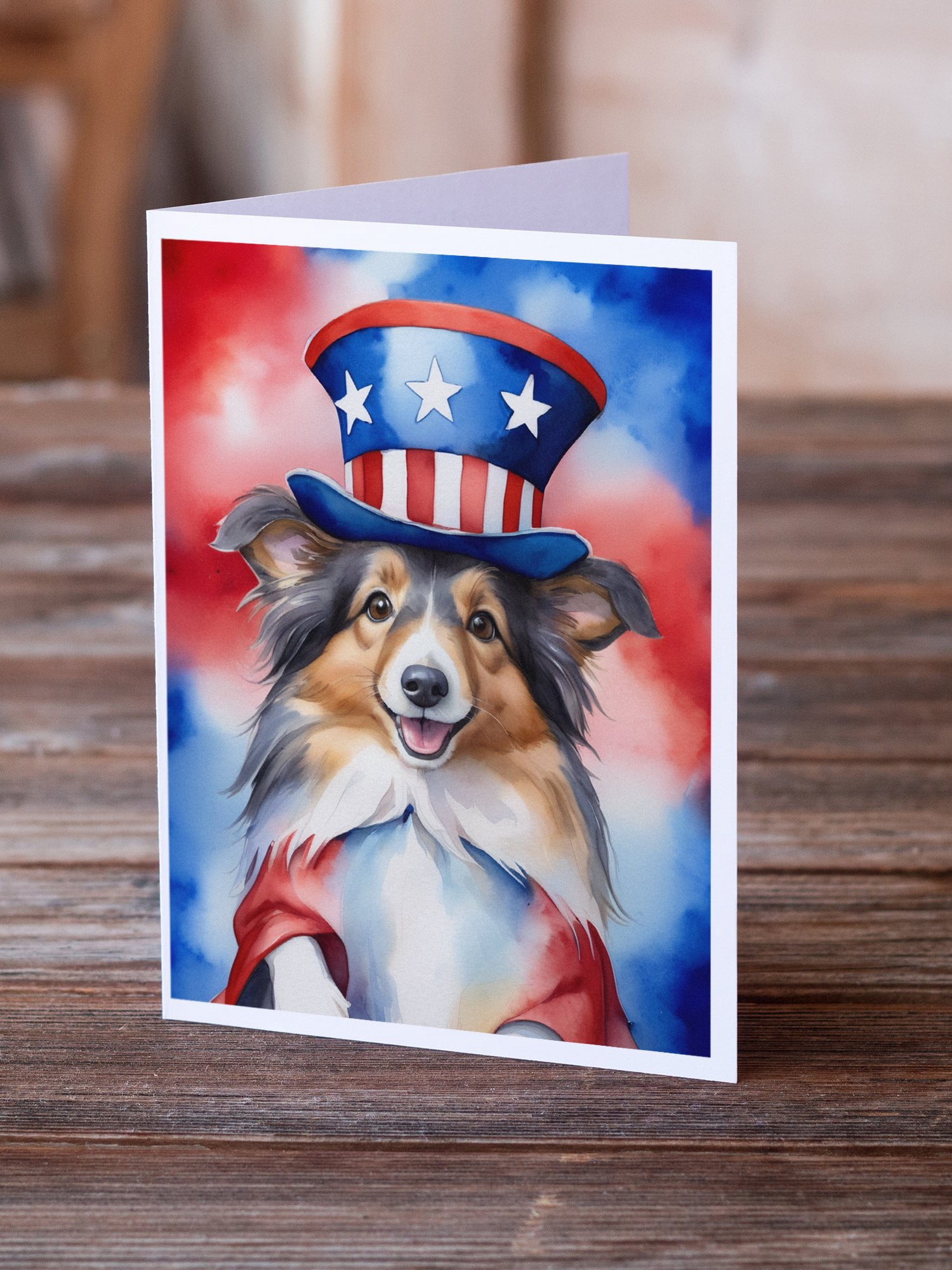 Sheltie Patriotic American Greeting Cards Pack of 8 7 in x 5 in