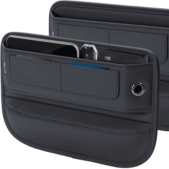 Leather Car Seat Gap Filler Organizer, Center Console Organizer with Card Slots for Car Suv Truck (Black, 2 Pack)