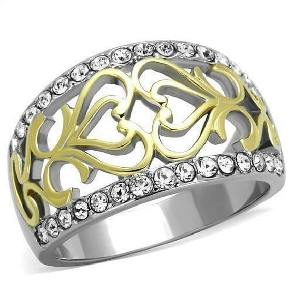 Womens Gold Rings Two-Tone IP Gold (Ion Plating) 316L Stainless Steel Ring with Top Grade Crystal in Clear TK1792