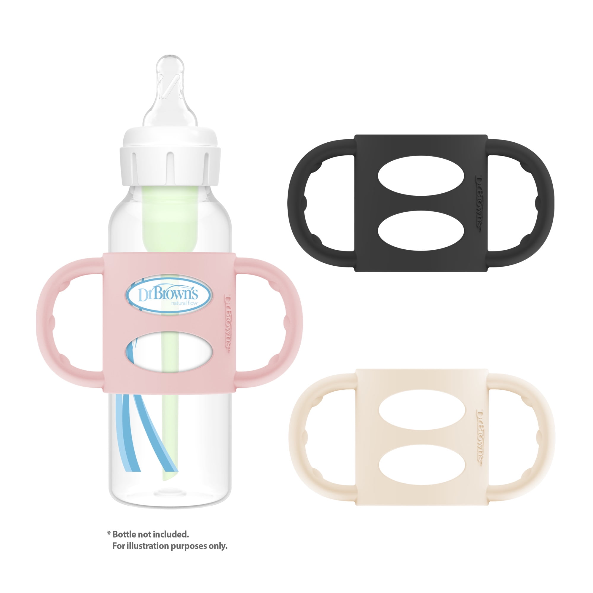 Dr. Brown's Milestones Narrow Baby Bottle Handles, 100% Silicone, Black/Ecru/Pink, 4 Months+, 3-Pack
