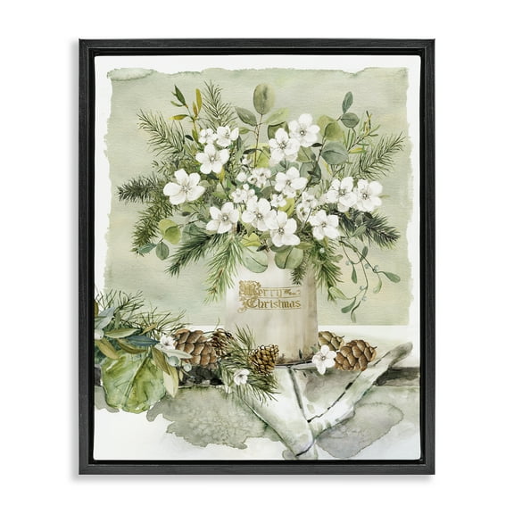 Stupell Industries White Christmas Flowers Vase Holiday Painting Black Floater Framed Canvas Art Prints Wall Art, 17 x 21