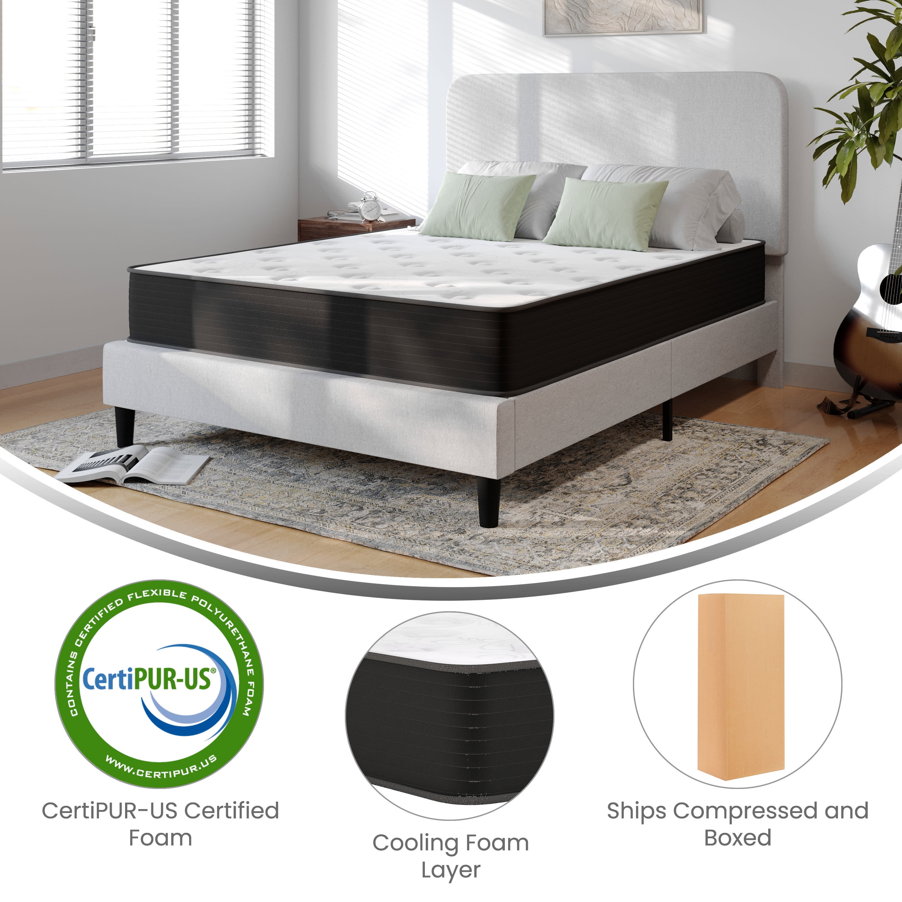 Emma + Oliver Queen Size 10 Inch Hybrid Mattress, High Density Cooling Foam and Pocket Spring Mattress in a Box, CertiPur-US Certified Foam, White/Black