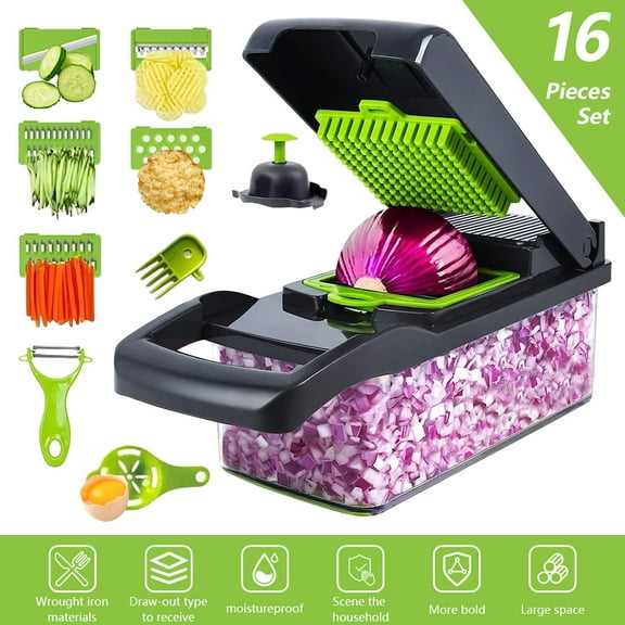 DFITO Vegetable Chopper,Onion Mincer,Dicer,Slicer with 8 Blades and Container with Lid,16-in-1 Multifunctional Vegetable Chopper,Home Essentials & Kitchen Gadgets, Salad Chopper
