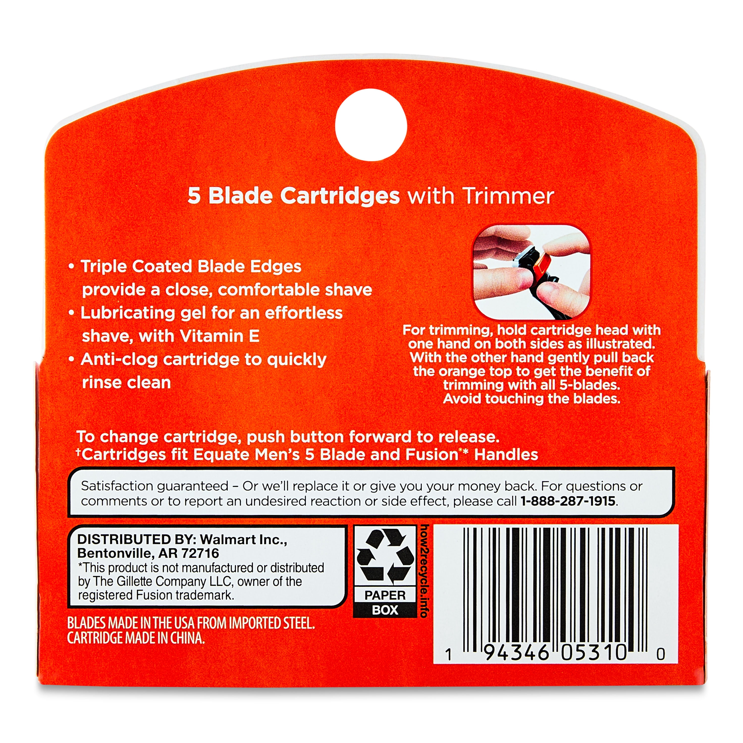 Equate Men's 5-Blade Cartridge Refills with Trimmer for Equate 5-Blade and Fusion Handles, 4 Count