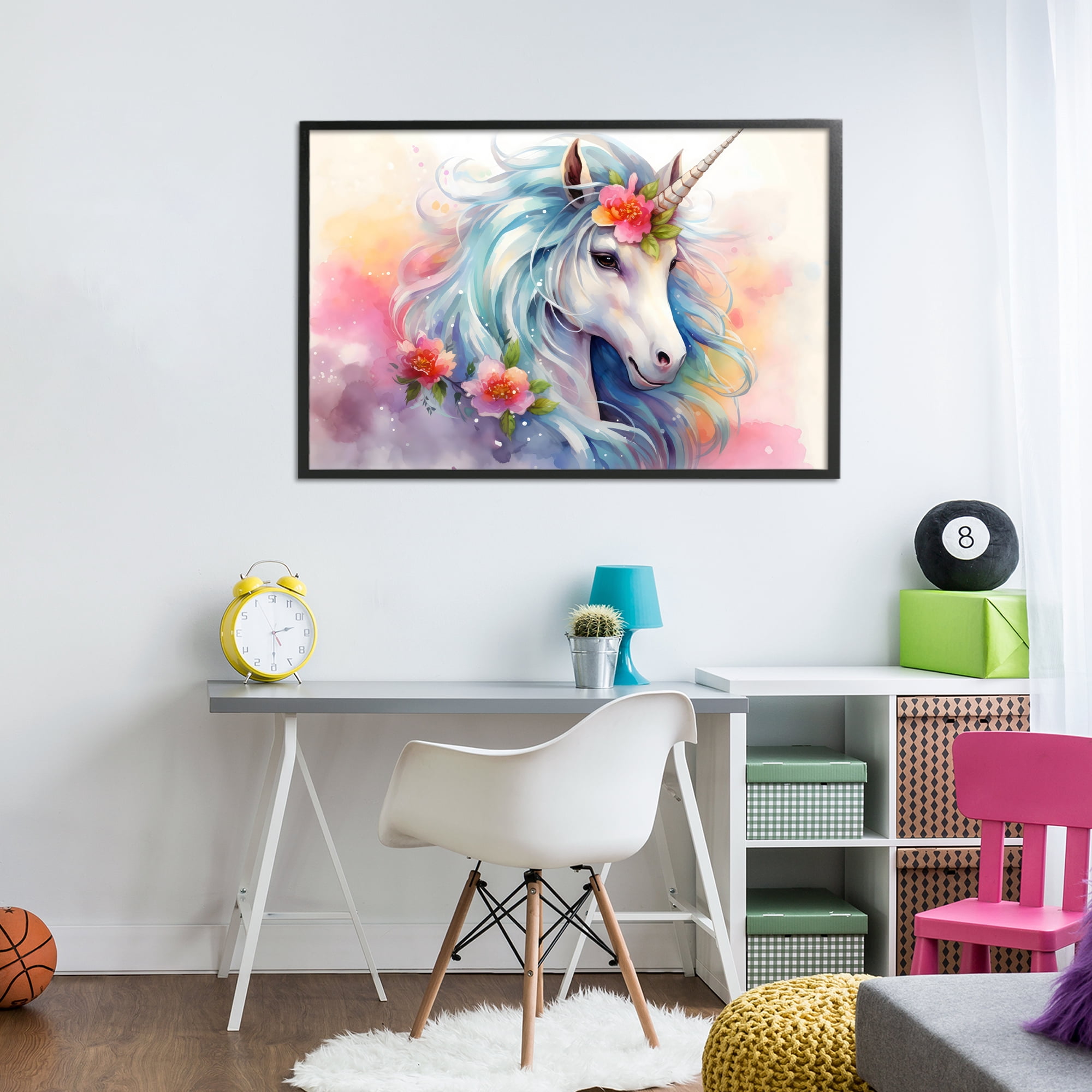 Stupell Industries Magical Unicorn with Blossoms Black Framed Giclee Art, design by Creative Studio
