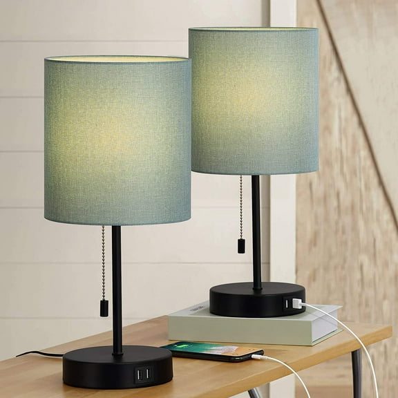 USB Table Lamps Bedside Nightstand Lamps with Cylinder Fabric Shade Set of 2