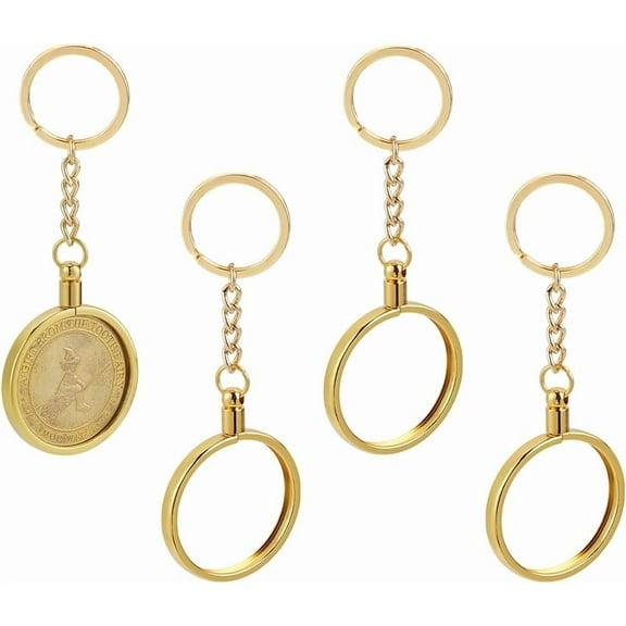 4 Pcs Medallion and Coin Holder Metal Keychain 1.55Inch/39.5mm Golden Alloy Coin Holder Keychains Round Medallion Holder with Metal Key Ring for DIY handcrafting
