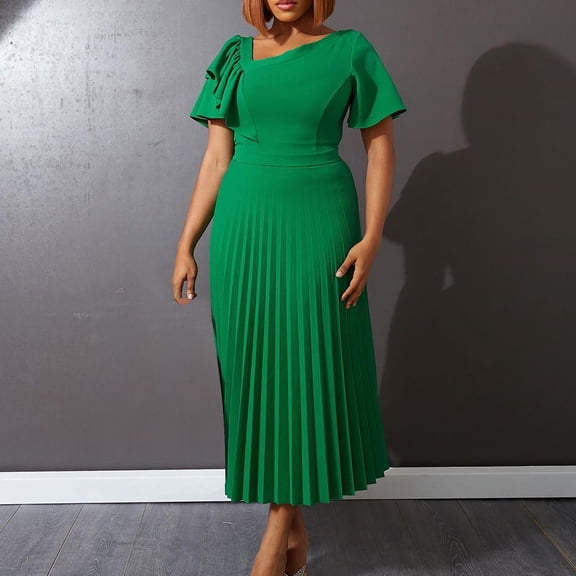 Yotami Women's Plus Size Cocktail Dress Summer Ruffled Short Sleeve Party Dress V-Neck Pleated Long Dress Green L