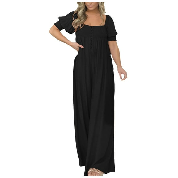 Riforla Women Fashion Solid Casual Loose Bubble Sleeve Short Sleeve Pleated Long Culottes Jumpsuits for Women Black S