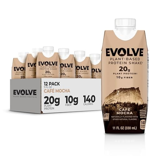Batido de proteínas a base de plantas Evolve, Café Mocha, 20 g de proteína vegana, sin lácteos, sin edulcorantes artificiales, sin OGM, 10 g de fibra, 11 oz, (paquete de 12) (la fórmula puede variar)