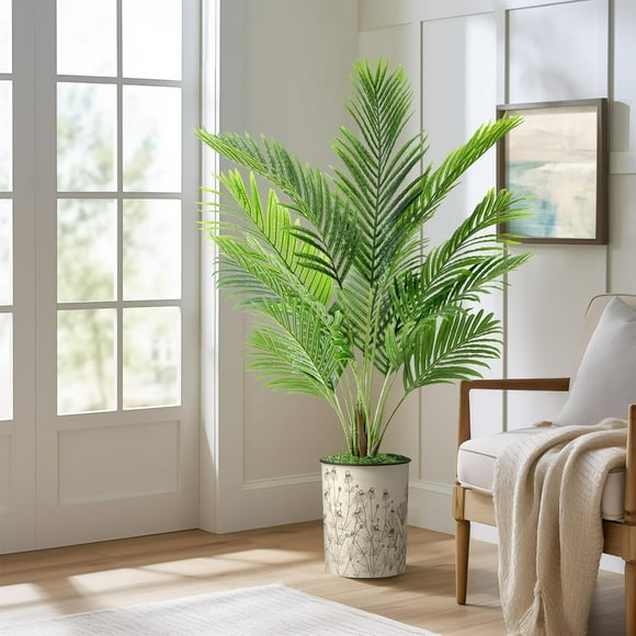 Artificial Tree in Vintage Botanical Drawing Pattern Planter, Fake Areca Tropical Palm Silk Tree for Indoor and Outdoor Home Decoration - 57" Overall Tall (Plant Plus Tree)