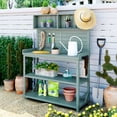 thumbnail image 2 of 65" Large Outdoor Potting Bench Table, Wooden Farmhouse Rustic Patio Workstation with 4 Storage Shelves and Side Hook, Garden Potting Bench Station, Green, 2 of 9