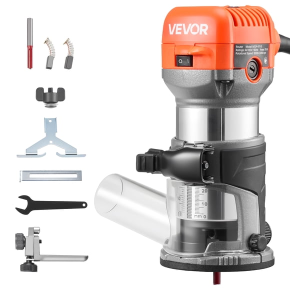 VEVOR Wood Router, 1 HP 710W, Variable Speed Palm Router Tool with Soft Start, Compact Wood Edge Trimmer with Fixed Base & 1/4-Inch Collet, Dust Hood