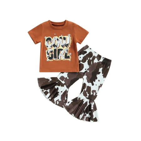 

Ma&Baby Toddler Baby Girls Summer Outfits Kids Short Sleeve T-shirt Tops + Cow Print Flared Pants Clothes Set