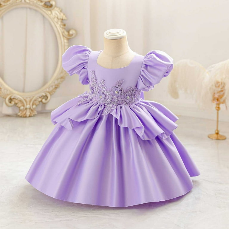 vokkrv Girls Party Dress Vintage Sleeveless Satin Festival Pageant Frocks Kids Wedding Flower Girl Bridesmaid Dresses Purple 4-5 Years, Girl's