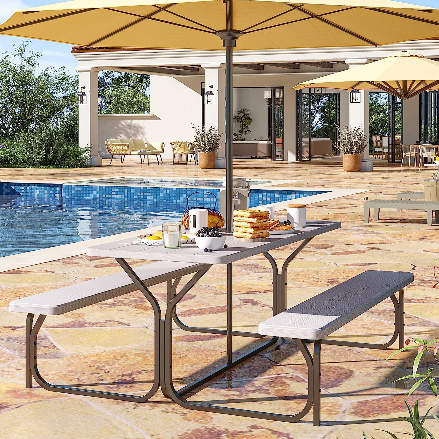 Dextrus Picnic Table Bench Set 6 ft Outdoor Camping with Stable Steel Frame & Wooden Texture Tabletop Weather Resistant w/Umbrella Hole - Light Gray