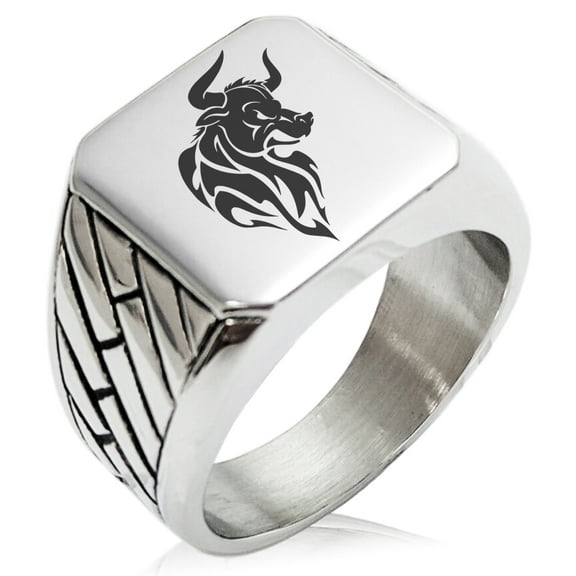 Stainless Steel Gargantuan Minotaur Geometric Pattern Biker Style Polished Ring