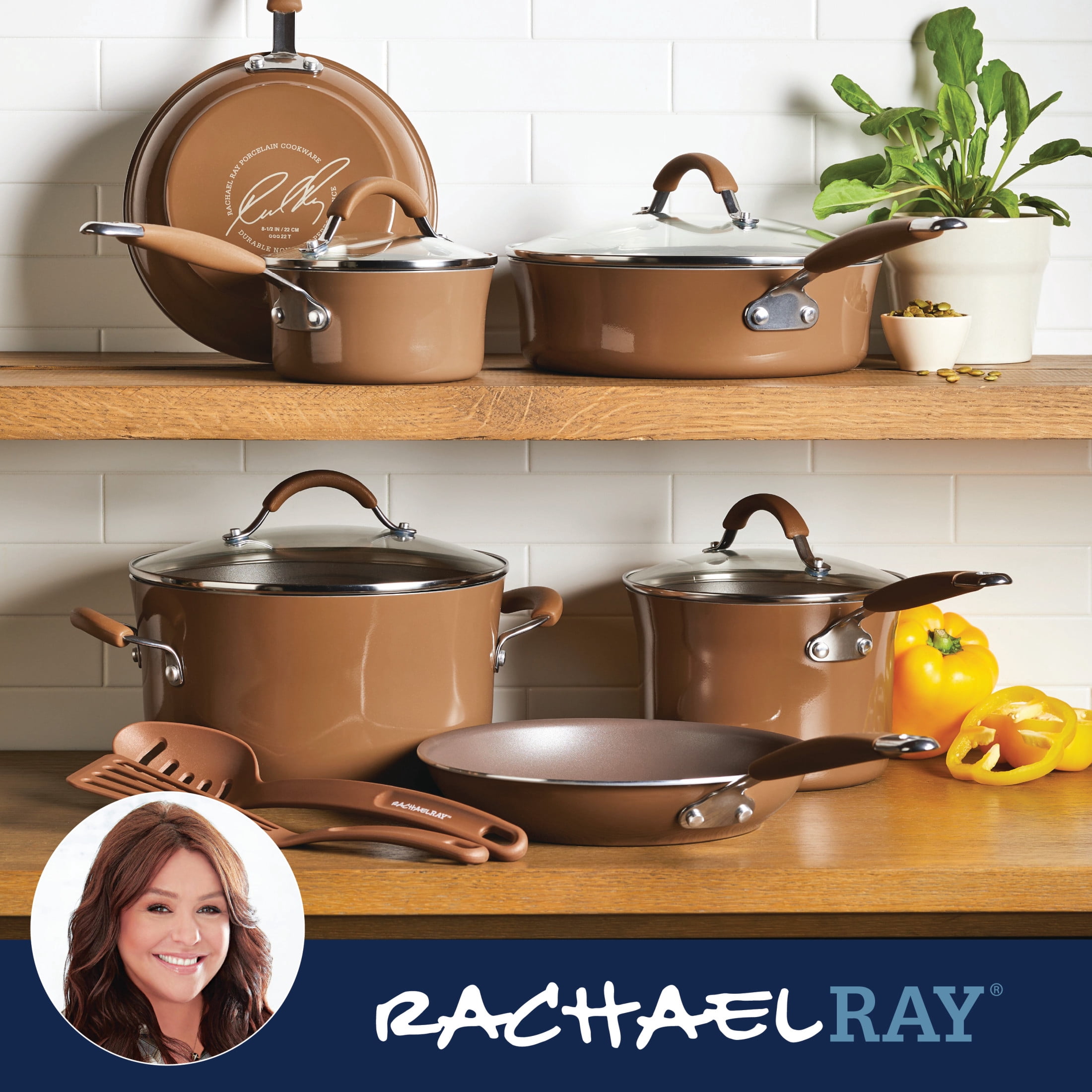 Rachael Ray Cucina Nonstick Cookware Pots and Pans Set, 12-Piece, Mushroom Brown