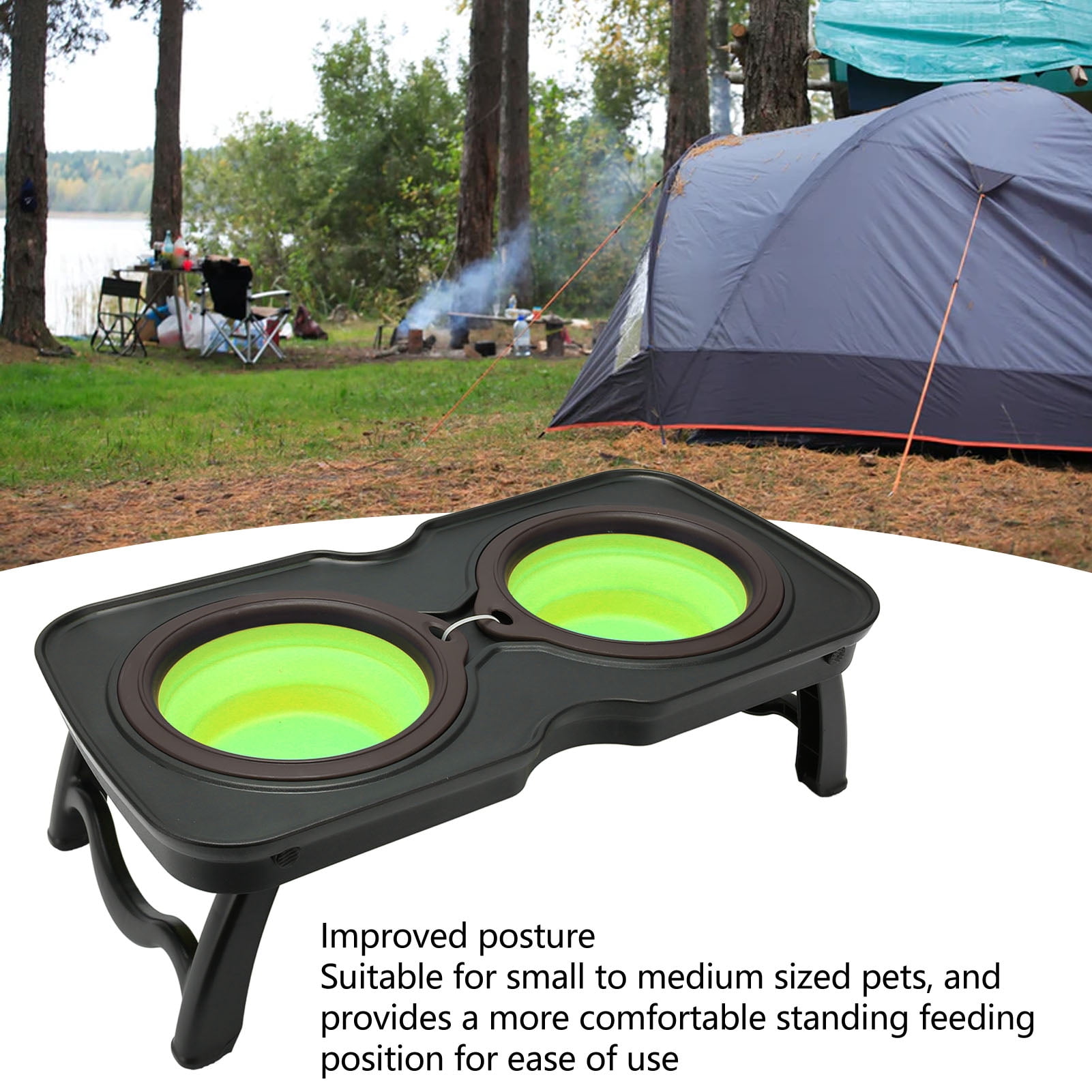 Rupoun Foldable Elevated Dog Bowls Portable Double Raised Feeding Station with Stand for Outdoor Camping Travel, Small Green (14.6 in / 37 cm)