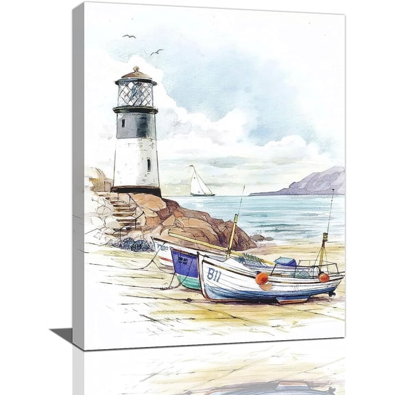 Coastal Lighthouse Boat Decor Wall Art Nautical Ocean Bathroom Wall Decor Beach Pictures Canvas Painting Coastal Framed Artwork for Bathroom Living Room Bedroom 12''x16''