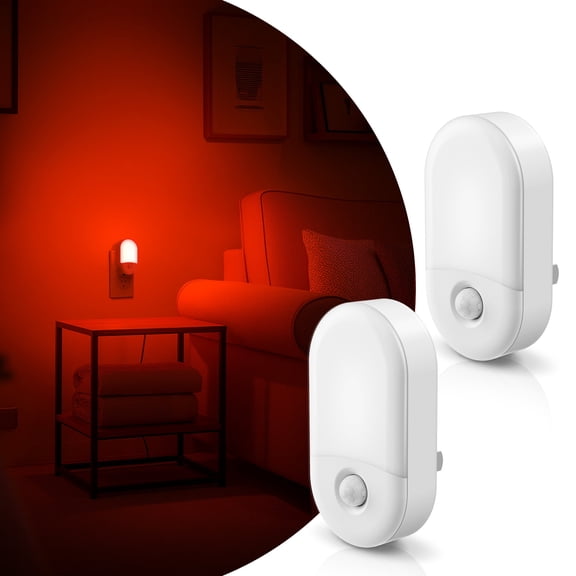 LED Red Motion Sensor Night Light Plug-In, Dual-Level Dimming Red Light for Kids, Hallway, Holiday or Christmas Décor (2-Pack)
