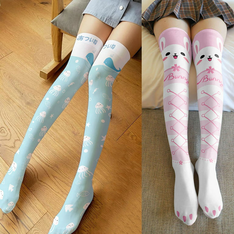 SIEYIO Japanese Style Women Lolita Kawaii Thigh High Stockings Harajuku  Cute Cartoon Rabbit Jellyfish Print Over Knee Long Socks Hosiery 