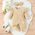 thumbnail image 2 of Ruyang Baby Girls Cute Ruffle Jumpsuit Plain Cotton Bodysuit Bowknot Headband Zipper Long Sleeve Fall Winter Outfit, 2 of 9