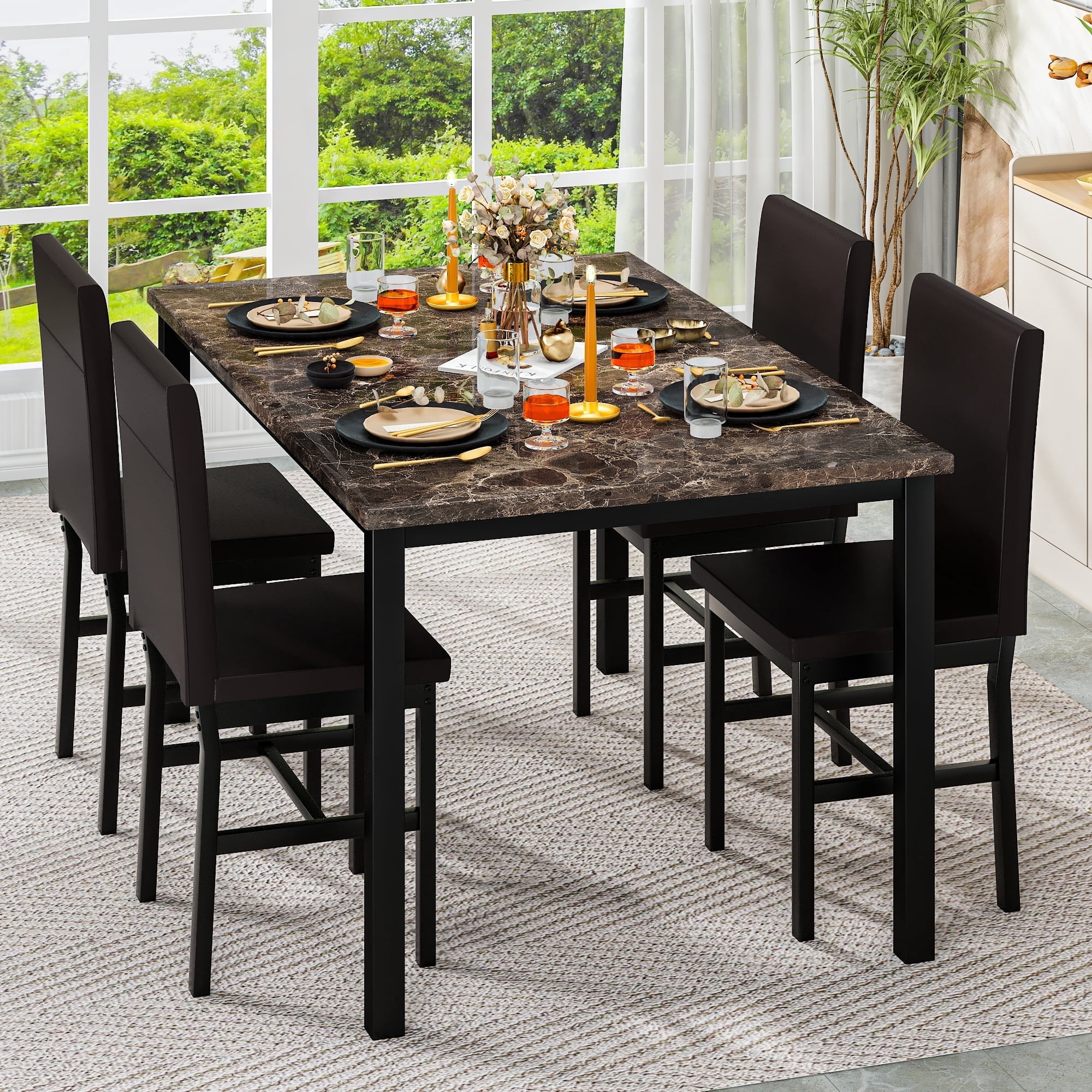 AWQM Modern 5-Piece Dining Table Set, Artificial Marble Dining Table With 4 Chairs in PU leather for Kitchen and Living room, Small Kitchen Table, Kitchen Table Set, Brown