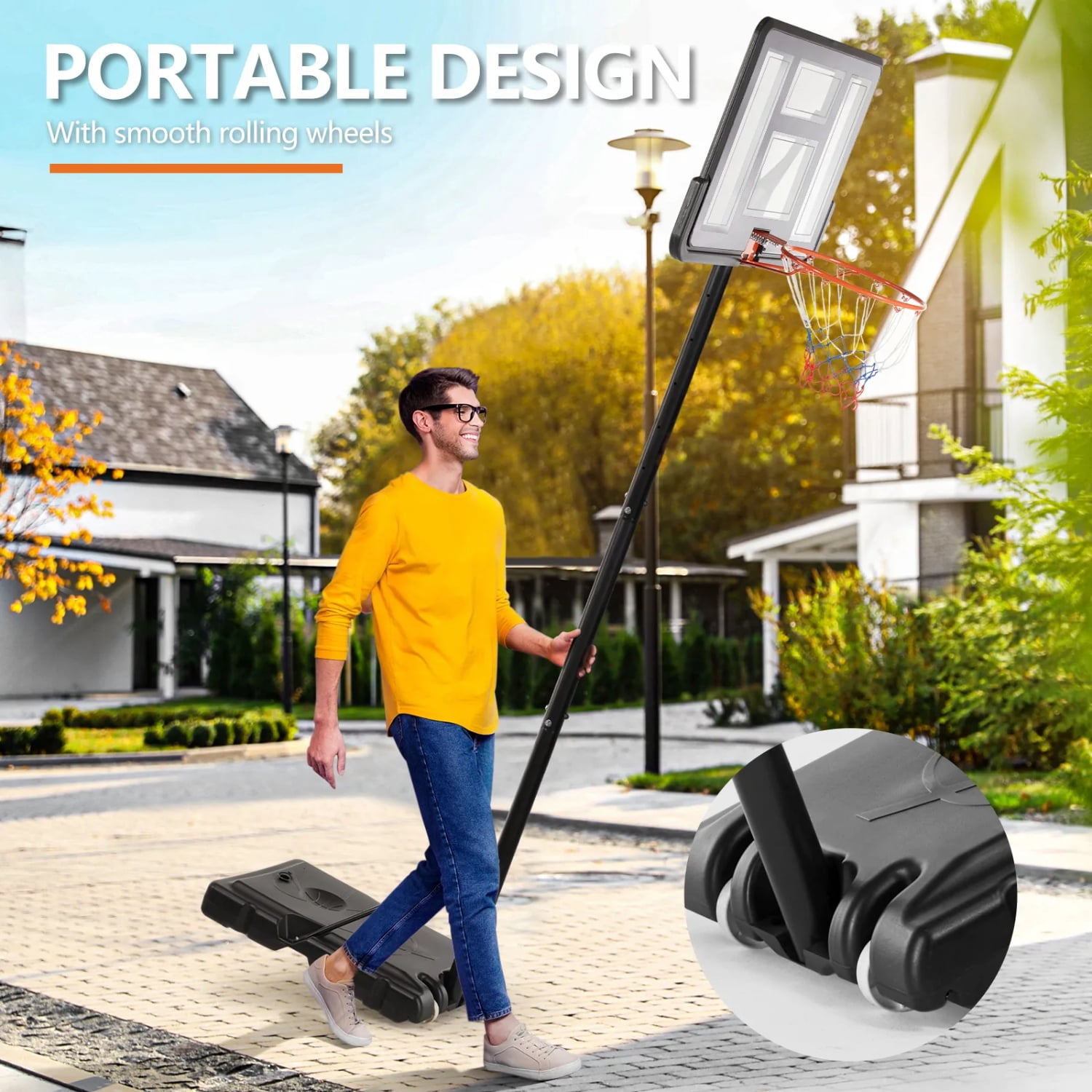 Portable Basketball Hoop, 4.2-10ft Adjustable Height, 44" Shatterproof Backboard, Fillable Base with 2 Wheels for Youth & Adults