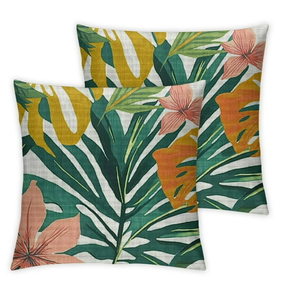 PHYHOO Summer Palm Covers Set of 2, Coral Tropical Leaf Decorative Outdoor Throw Pillow Covers Green Botanical Farmhouse Cushion Case Square Decor for Home Couch Sofa