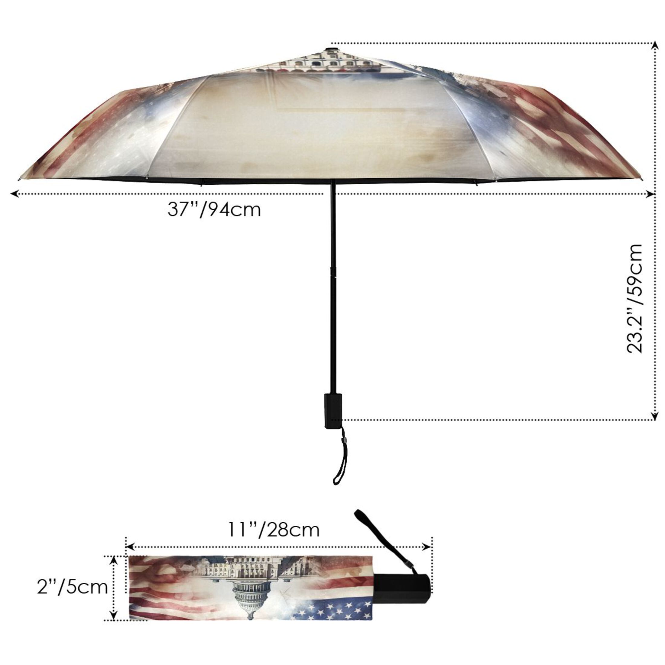 White House and American Flag Compact Sun Umbrella Windproof Travel Umbrellas for Rain Strong Portable UV Protection