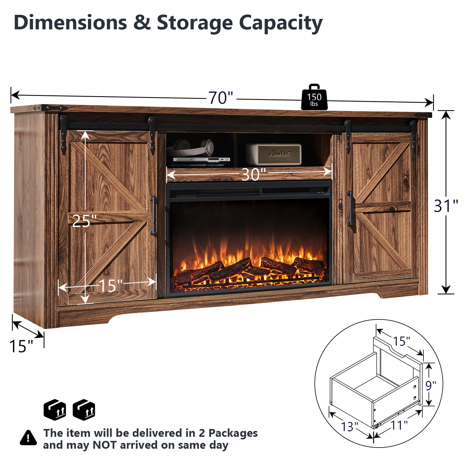T4TREAM Farmhouse TV Stand for TVs up to 80", Entertainment Center with 30" Electric Fireplace and Sliding Barn Door&4 Drawers Storage Inside, Reclaimed Barnwood