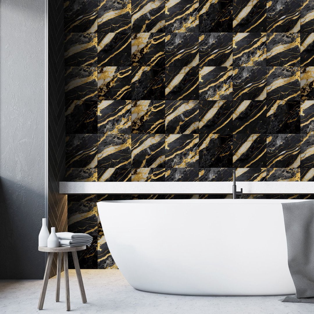 16 Piece Black Gray Gold Tile Stickers PVC Backsplash 8" x 8" Marbling Wall Decals DIY Decor Kitchen Peel and Stick Waterproof Tile