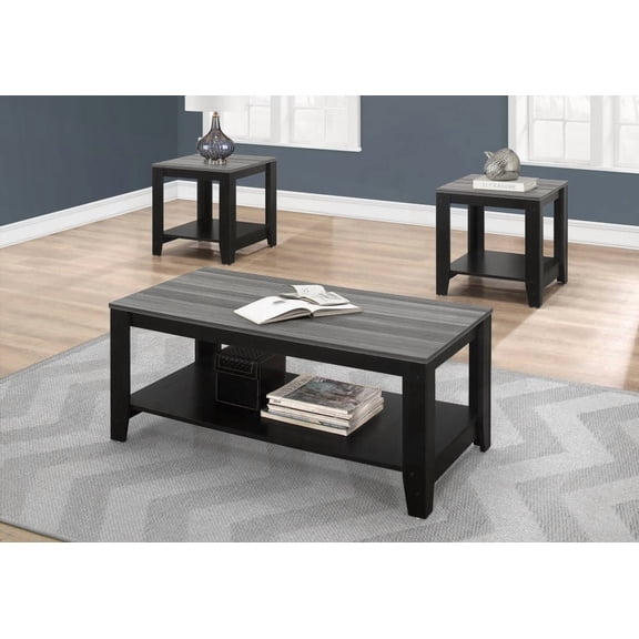 Table Set with 3pcs - Coffee, End & Side - Living Room - Black & Grey Laminate - Transitional Style