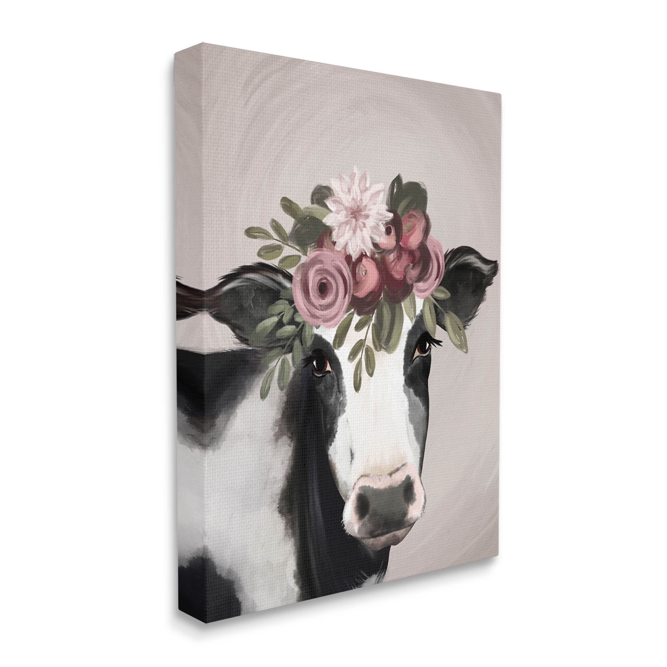 Floral Farm Cow Pink Blooms Animals & Insects Graphic Art Gallery Wrapped Canvas Print Wall Art