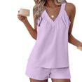 thumbnail image 4 of jersey suelto con cuello en v de color sólido para mujer top casual sin mangas con pantalones cortos con bolsillos conjunto morado/l, 4 of 7
