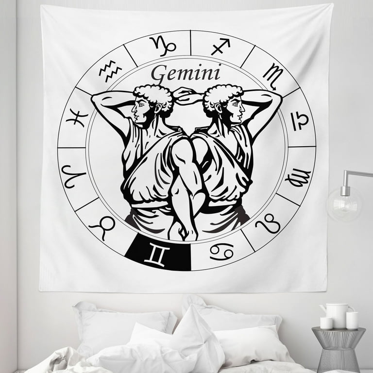 Zodiac Gemini Tapestry Monochrome Zodiac Wheel and Male Twins in Greek Style Clothes Fabric Wall Hanging Decor for Bedroom Living Room Dorm 5