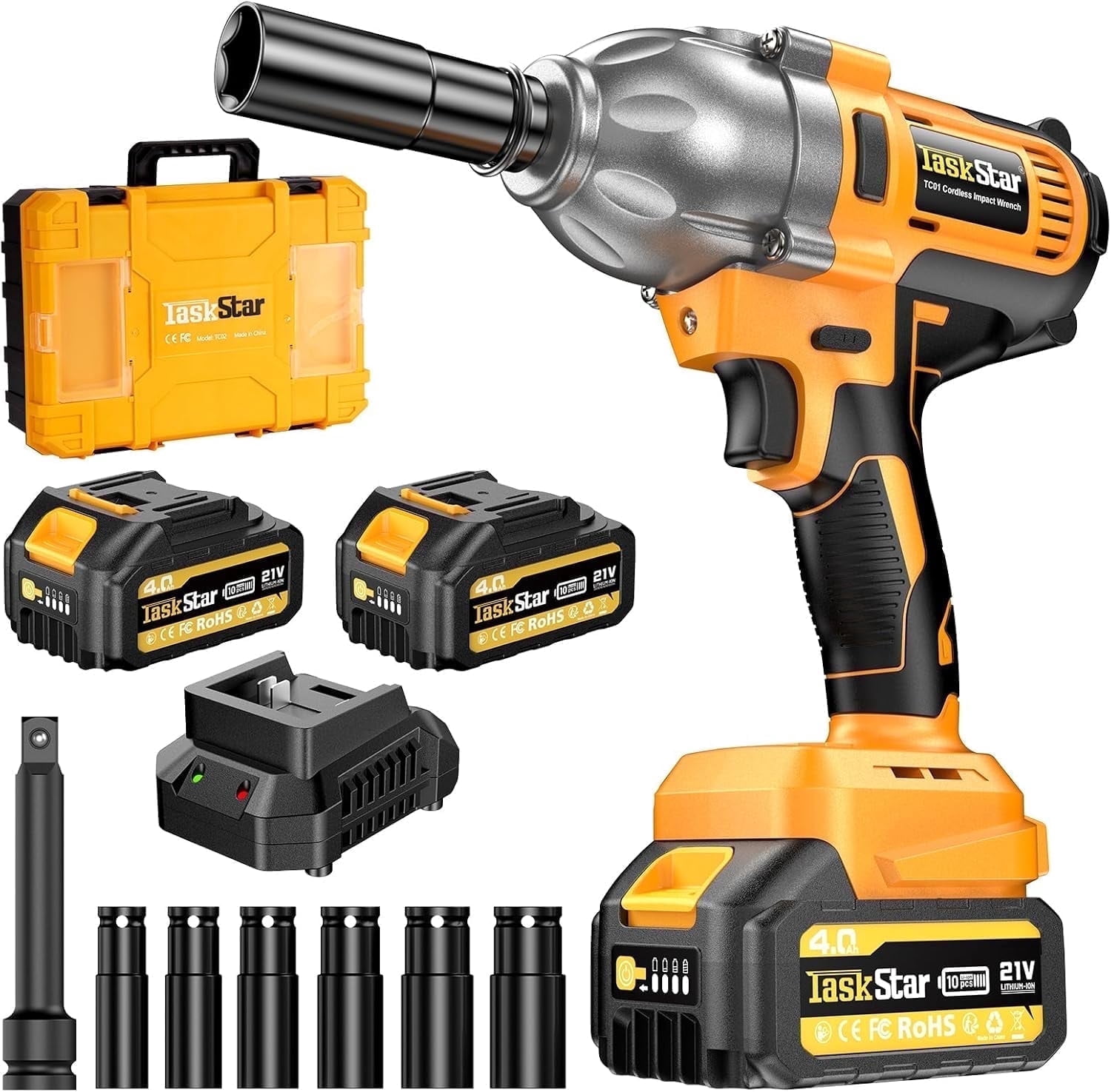 TaskStar Cordless Impact Wrench 1/2 inch, 1200N·m(886ft・lbs) Brushless High Torque Electric Wrench , 21V Electric Impact Driver, 2x4.0Ah Batteries, Charger, Variable Speeds for Car/Truck RV/Mower