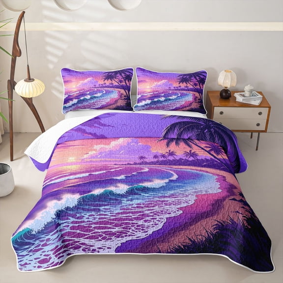 jejeloiu Purple Tropical Sunset Twin Quilt Set For Girls,Palm Tree Print Twin Coverlet Set,Multicolor,2 Pieces
