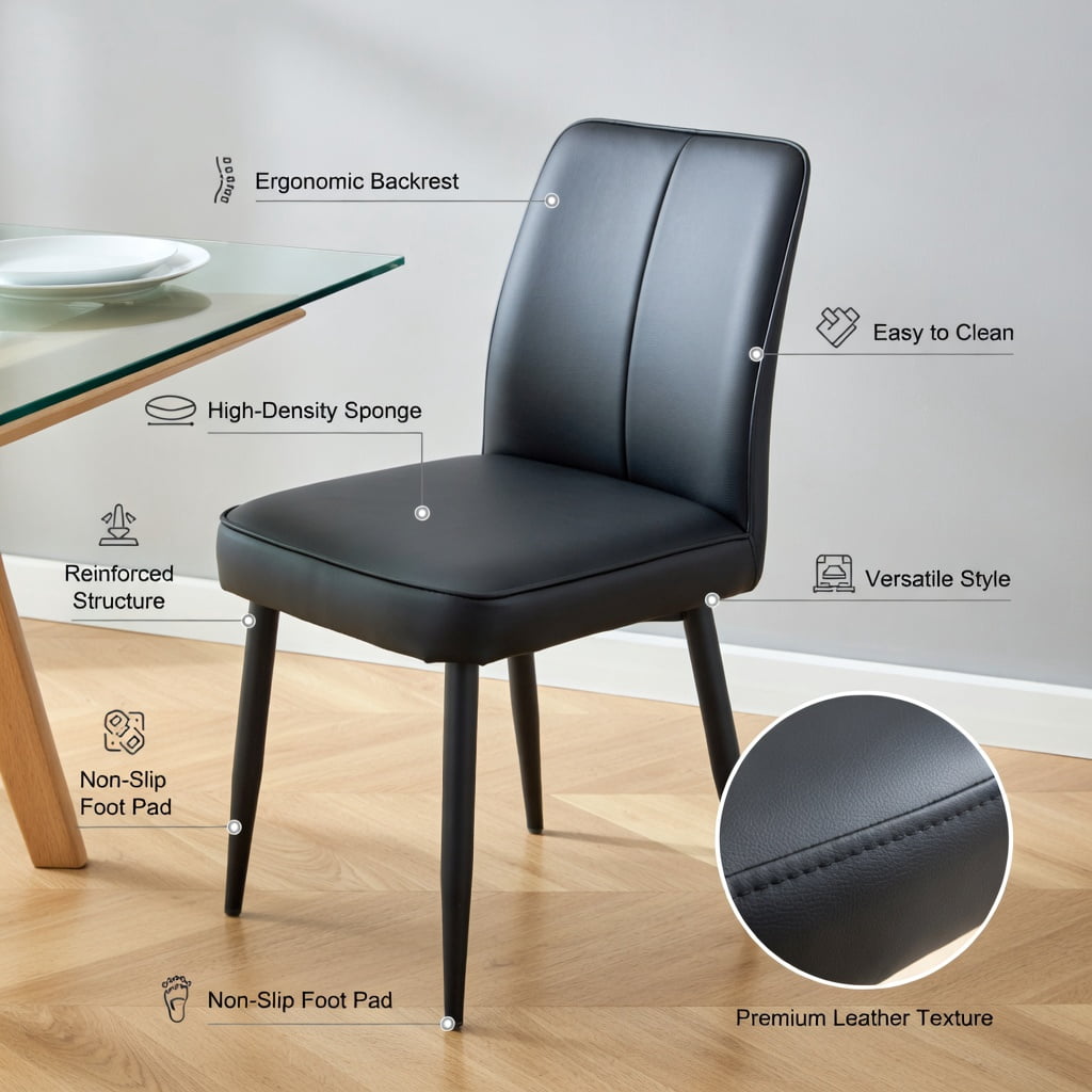 Hommoo 6-Piece Modern PU Leather Dining Chairs Set with Ergonomic Backrest & Sturdy Metal Legs, Kitchen, Living Room, Home Office Furniture, Black