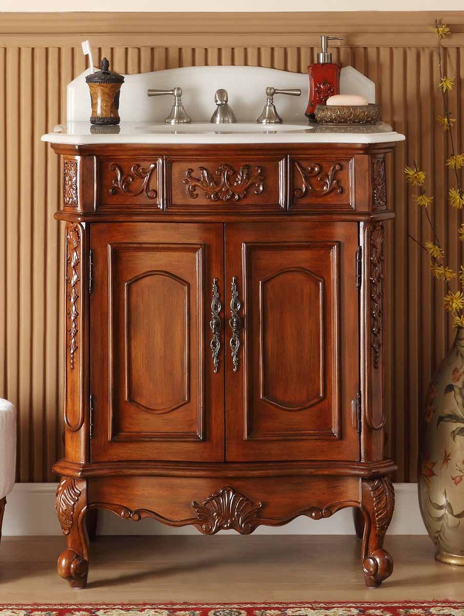 Benton Collection 30" Brown Antique Bathroom Vanity with White Marble Top