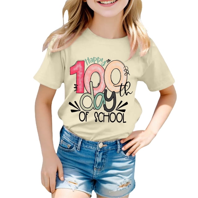 LUOGENLI T-Shirt pour Filles Enfants Mode Décontractée Imprimé Col Rond Ample Manche Courte T-Shirt Haut Noir Maxi Hauts Beige 8-9 Ans
