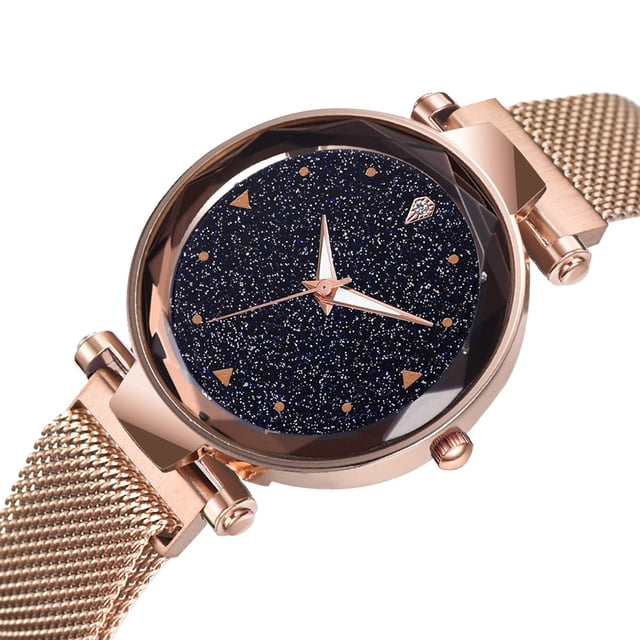 Reloj de cuarzo de moda para niños y niñas casuales con correa de aleación magnética Reloj de oro rosa con efecto noche estrellada